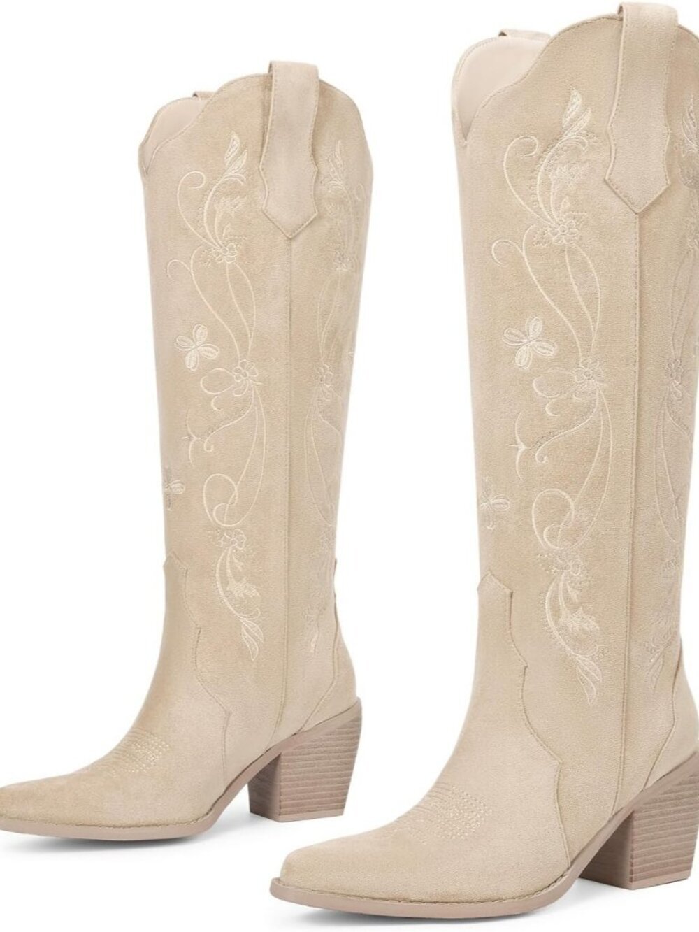 Women' Suede Apricot  Cowboy Boots Knee High Comfort Vintage Floral Embroidery